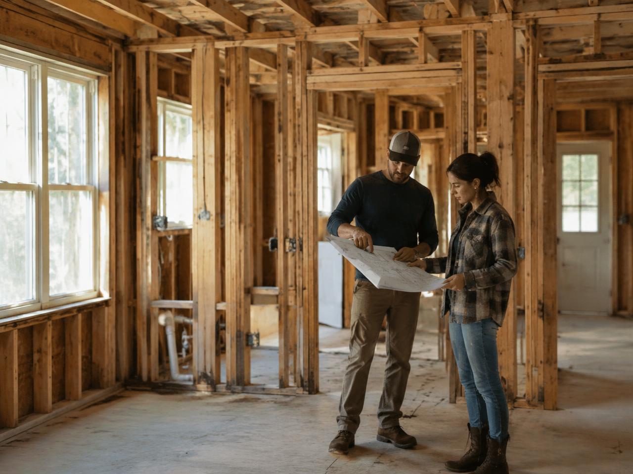 Contractor and owner reviewing plans inside a framed renovation