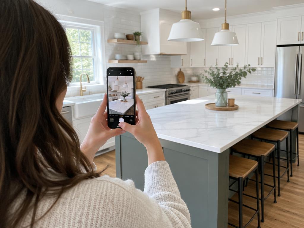 Borrower photographing a renovated kitchen with a phone